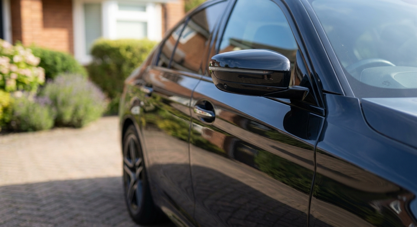 A car parked on a driveway outside a home