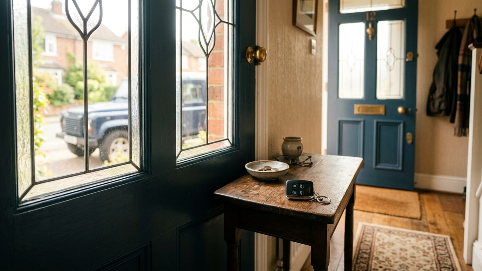 A car key fob on a hall table beside a front door