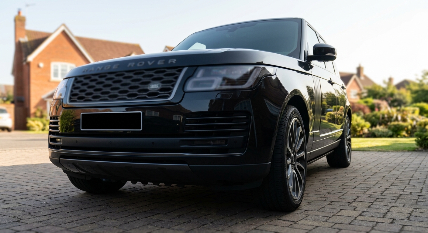 A dark premium SUV parked on a driveway in daylight