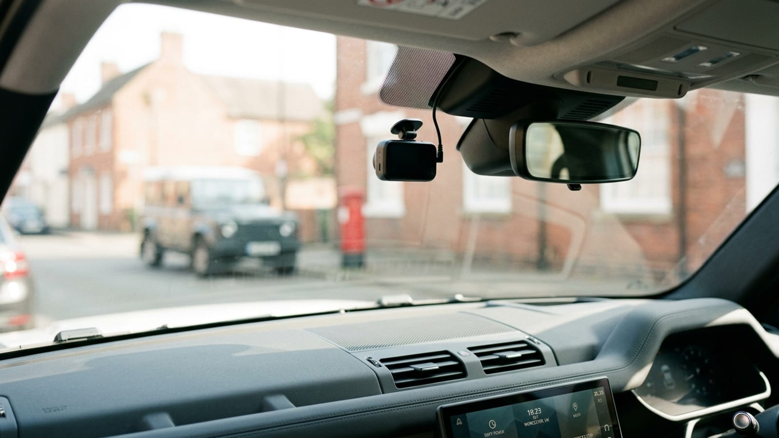 A dash cam mounted on a car's windscreen